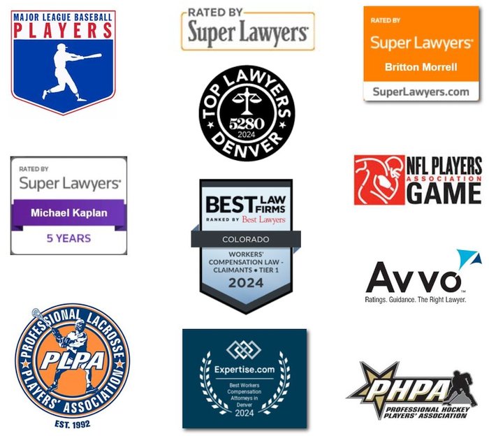 Kaplan Morrell Attorneys at Law collage displaying logos of organizations they are affiliated with, including Top Lawyers Denver, Super Lawyers, GPOA, PHPA, PLPA, and the NFL Players Association.