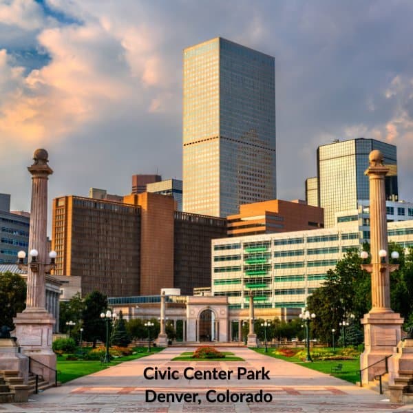 Sunset photo of Civic Center park in the heart of Denver, Colorado.
